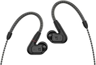 Fones de ouvido Sennheiser IE 200 com cabo trançado destacável e ganchos de orelha, pretos com detalhes em vermelho.