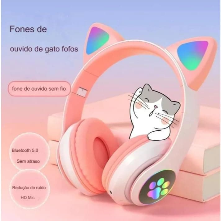 Fone de Ouvido Bluetooth Gatinho com LED Colorido, Headset Bluetooth Orelhas de Gato com Luz LED, Fones de Ouvido Wireless Cartão de Memória, Cabo P2, Bateria de 400mAh (Rosa) (Verde)