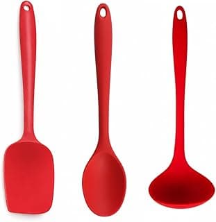 Kit de utensílios de cozinha em silicone vermelho com espátula, colher e concha