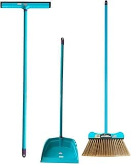 Kit de limpeza com vassoura, pá e escumadeira em azul turquesa