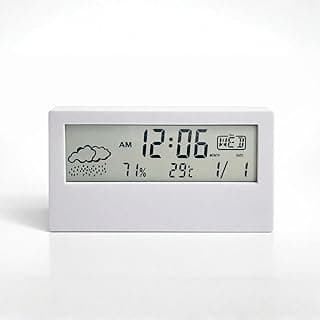 Relógio despertador digital branco com display LCD mostrando hora, temperatura e umidade