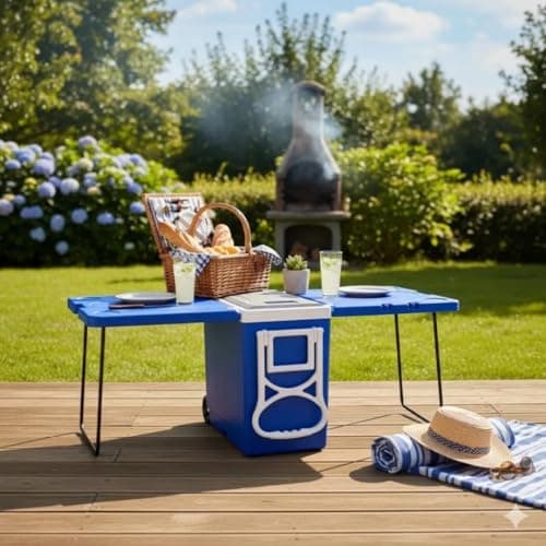Caixa Térmica 32L Azul com Mesa e Rodinhas para Piquenique