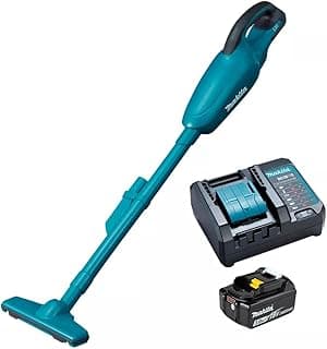 Aspirador de pó 18V Makita ciano com carregador e bateria, fundo branco