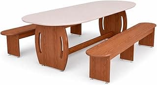 Conjunto Mesa Oval 185cm com 2 Bancos e Tampo de Vidro – Mesa em MDF Estilo Rústico para Sala de Jantar, Cozinha e Área Gourmet