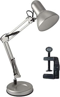 Luminária mesa 2x1 prata com abajur articulável e base garra flexível