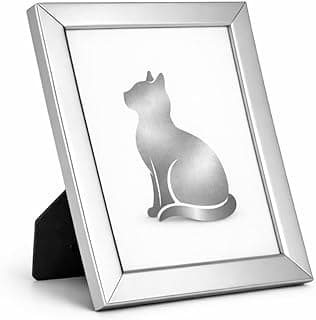 Porta-retrato prateado com gato desenhado, fundo branco, moldura brilhante