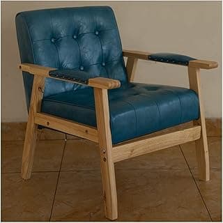 Poltrona moderna de couro azul com apoios de braços, design minimalista