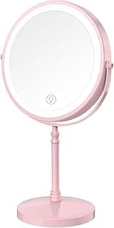 Espelho de maquiagem iluminado rosa com base circular e iluminação LED