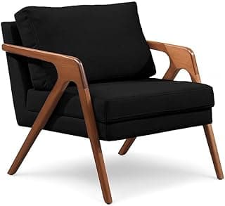 Poltrona Decorativa Linho Bege Claro, Madeira Maciça Moderna Minimalista, Confortável para Sala de Estar (Veludo Preto)
