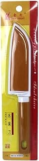 Faca oriental para cortes de frutas com lâmina marrom e cabo de madeira, embalada em plástico transparente com fundo vermelho e amarelo.