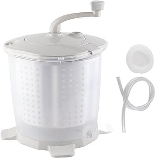 Mini máquina de lavar manual portátil branca para lavanderia, com compartimento de drenagem e tubo conectado.