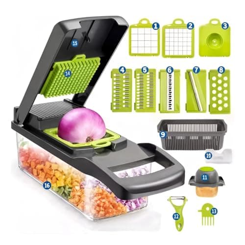 Cortador e Processador Manual 16 em 1 de Legumes, Verduras, Frutas e Queijos - Picador, Fatiador, Ralador Multifuncional com Recipiente, Acessórios de Cozinha Prática e Segura