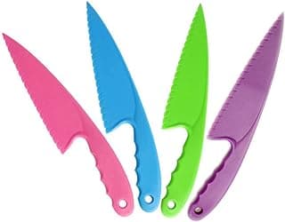 Quatro facas de plástico com bordas serrilhadas em cores rosa, azul, verde e roxo