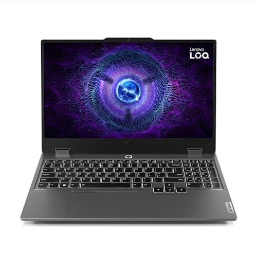 Notebook gamer Lenovo LOQ 15IRX9 aberto com tela abstrata