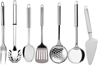 Kit de utensílios de cozinha em aço inoxidável com escumadeira, concha, espátula, pegador, faca, garfo e espátula com orifícios