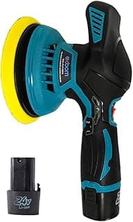 Politriz elétrica 24V com bateria de 2500mAh, motor de 300W e kit completo para lixamento e polimento.