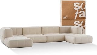 Sofá modular de 4 lugares em boucle com apoios de puff, cor bege, fundo branco