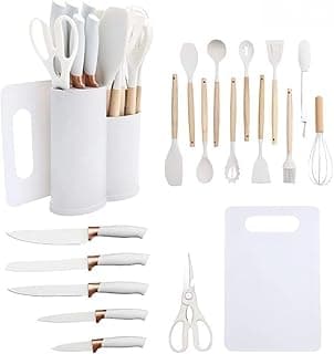 Kit de utensílios de cozinha com 19 peças em silicone, facas, espátulas, colheres e tábua, em suporte branco.
