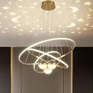 Luminária pendente LED ouro com projeção de galáxia, estrelas e luas, para sala de jantar e estar