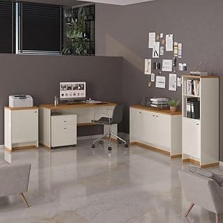 VIA NOSSA - Conjunto Escritório Office Escrivaninha Balcões Gaveteiro Berlin Cor:off White/naturale