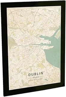 Quadro decorativo com mapa de Dublin, Irlanda, em tons de verde e bege com moldura preta.