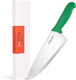 Faca de chef japonesa de aço inoxidável de alto carbono, 20 cm, lâmina branca, cabo verde, embalagem branca com rótulo laranja