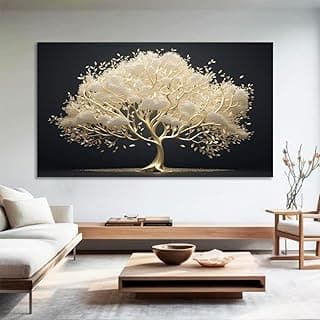 Quadro decorativo árvore dourada em relevo, moldura retangular, para sala e quarto.