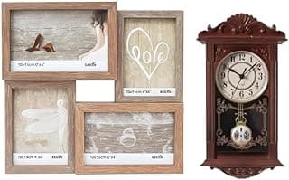 Kit Relógio de Parede com Pêndulo e Porta-Retrato para 4 Fotos, Madeira MDF, Marrom, 40 cm, Ideal para Decoração Sala, Quarto, Cozinha, Corredor
