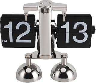 Relógio de mesa flip mecânico com mostradores 12 e 13, base prateada, fundo branco