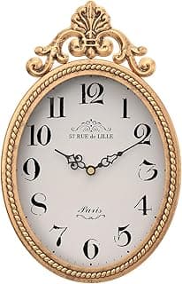 Abdurey Relógio de parede decorativo retrô francês pequeno, estilo oval vintage, dourado antigo, silencioso, operado por bateria, decoração Boho para fazenda, cozinha, quarto, banheiro (26,4 cm A x 17