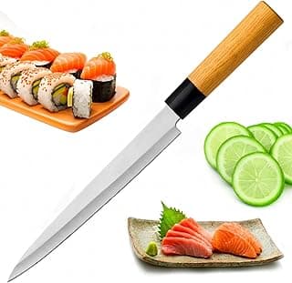 Faca de sushi de 8 polegadas com lâmina de aço inoxidável e cabo de madeira, ideal para cortes de peixe e sushi