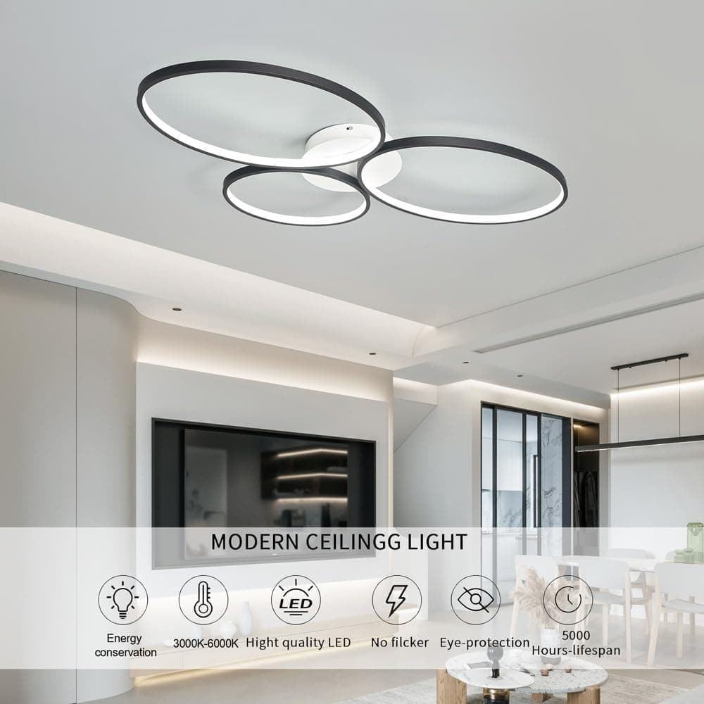 Luminária de teto LED moderna de 54W/66W com dimmer e controle remoto. Lustre de teto embutido com 3 anéis para sala de estar, sala de jantar, cozinha e quarto.
