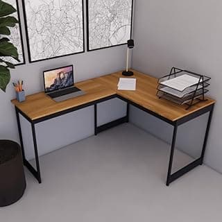 Mesa Em L Estilo Industrial Escrivaninha De Canto Escritório Estudo (Nogal Pés Pretos)