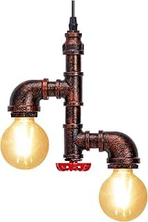 Luminária pendente vintage industrial com design de tubo de água em ferrugem, dois bulbos amarelos e conector vermelho.