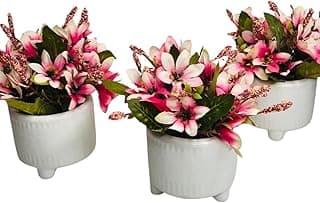 Conjunto de 3 Vasos Decorativos com Flores Artificiais Rosa e Branco, Base Branca em Cerâmica