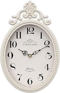 Abdurey Relógio de parede decorativo retrô francês pequeno, estilo oval vintage branco marfim, silencioso operado por bateria, decoração boho para fazenda, cozinha, quarto, banheiro (26,4 cm A x 17 cm