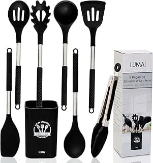 Kit de utensílios de cozinha LUMAI com 8 peças em silicone preto e aço inox