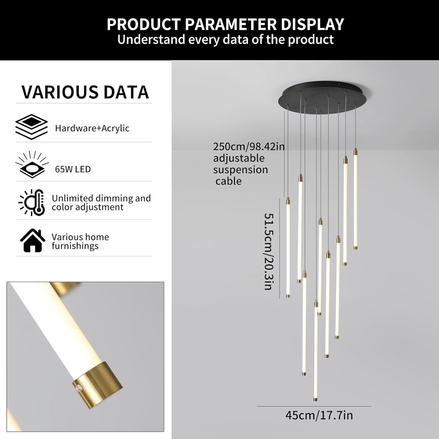Lustre LED para Escada com 9 Luzes Preto Controle Remoto e Regulagem de Intensidade