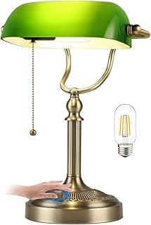 Luminária de mesa verde com cúpula e base em bronze, lâmpada LED incluída, fundo branco
