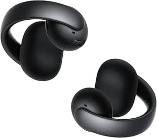 Fones de ouvido Bluetooth abertos pretos, clip-on, graves potentes, drivers 12mm, design ergonômico, microfones visíveis