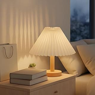 Luminária de Mesa para Quarto, Base de Madeira com Abajur Plissado, Lâmpada de Mesa LED Luz Noturna para Escritório, Sala, Quarto Infantil