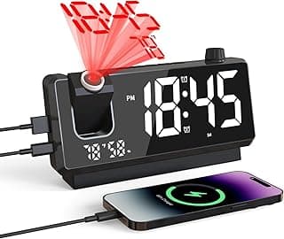 Despertador de projeção digital preto com projetor de luz vermelha, conectado a um smartphone via USB.