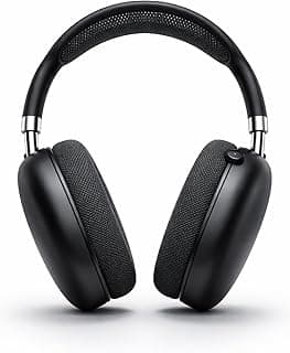 Fone de ouvido Bluetooth over-ear preto, design ergonômico, almofadas de couro sintético, acabamento metálico prateado, microfone e botões de controle.