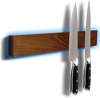 Suporte magnético para facas de parede Gourmetop com barra magnética azul e facas pretas