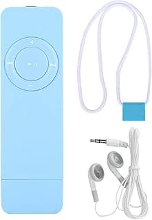 Leitor de MP3 azul com fone de ouvido, botão circular e cabo branco