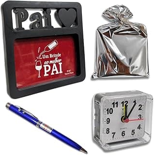 Kit presente Dia dos Pais com porta-retrato, caneta, relógio e embrulho prateado