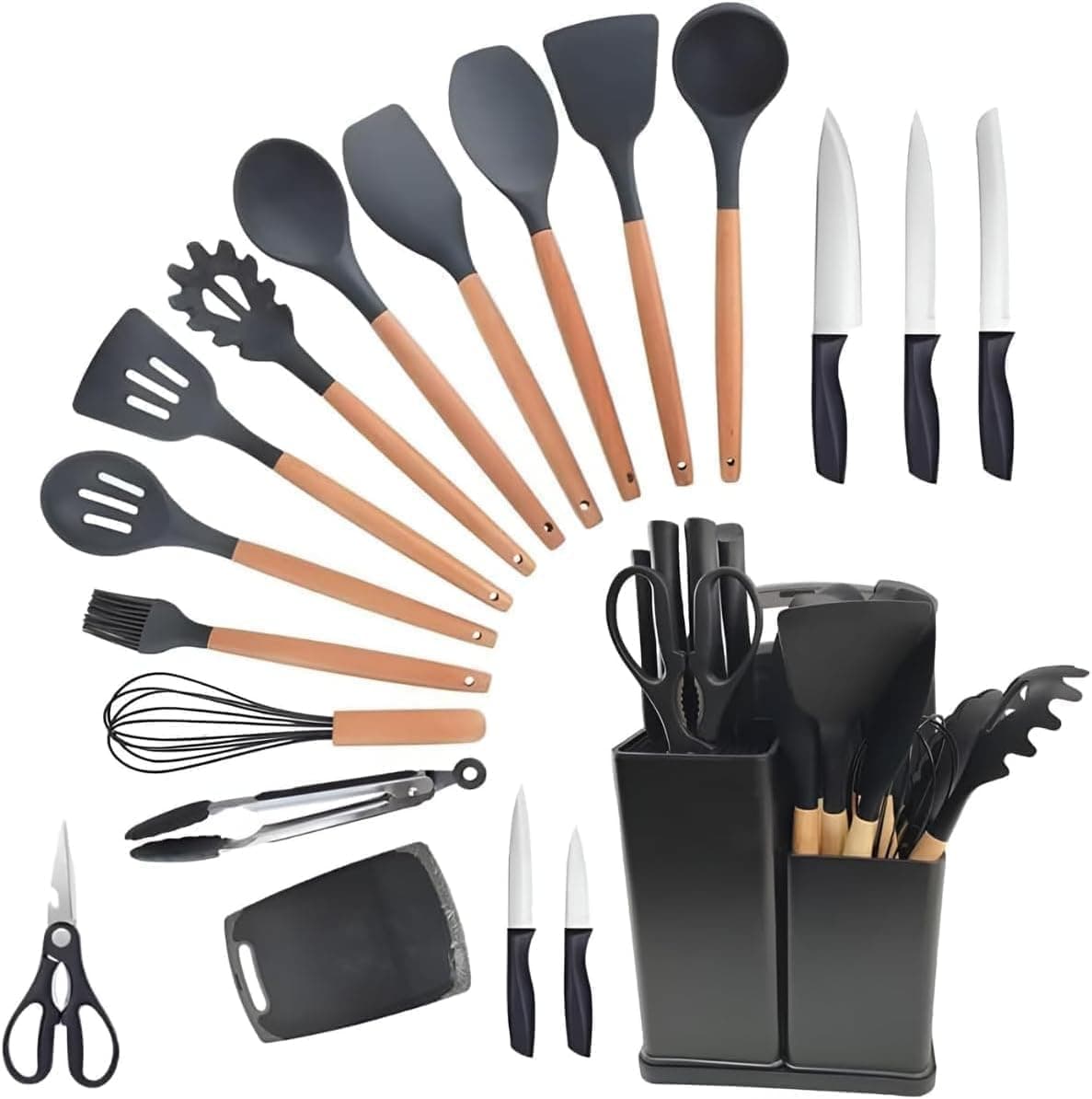 Kit Completo Jogo de Cozinha Luxo 19 Peças Com Tábua em Silicone Cabo Madeira Conjunto Completo Espátula Concha Colher Jogo Suporte Faca Antiaderente Tabua Tesoura Faqueiro PREMIUM (Cinza)