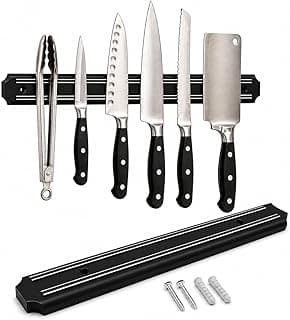 Barra magnética para facas 33cm com facas e utensílios de cozinha pendurados