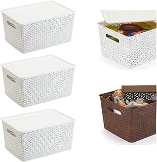 Kit de caixas organizadoras Plasnorthon Rattan com tampas, três brancas e uma marrom, fundo branco