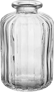 Vaso de vidro transparente 6cm x 6cm x 10cm, design em relevo, ângulo frontal, fundo branco.